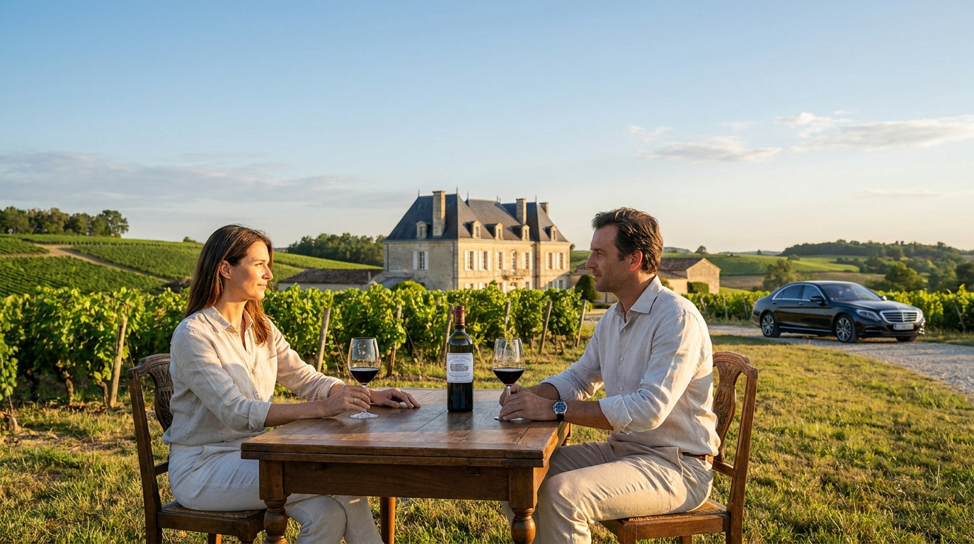 Private Wine Tour Experience in Bordeaux A couple enjoying a private wine tasting at a vineyard in Bordeaux with a chateau and luxury car in the background.
