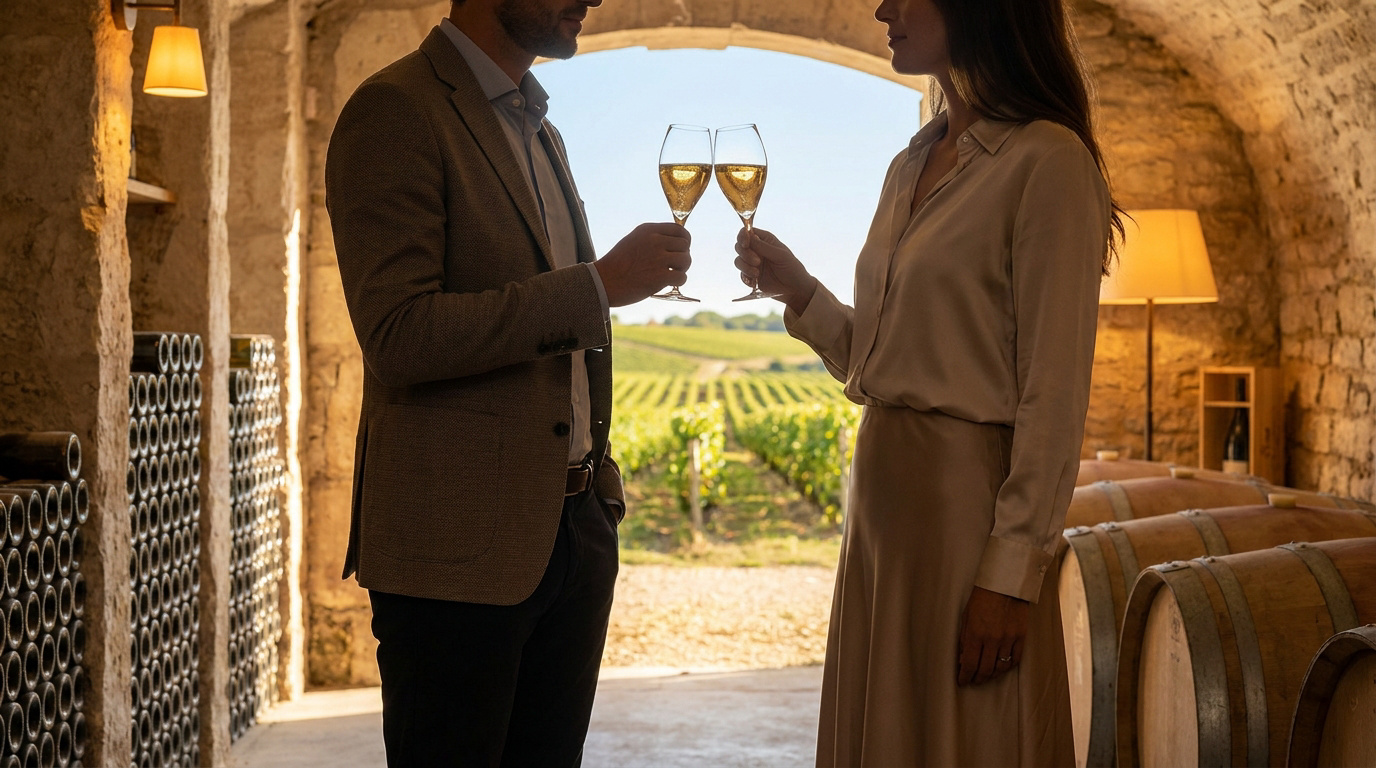Private Champagne Tasting Experience A couple toasts with champagne glasses inside a rustic stone cellar with a view of a sunny vineyard in the background.
