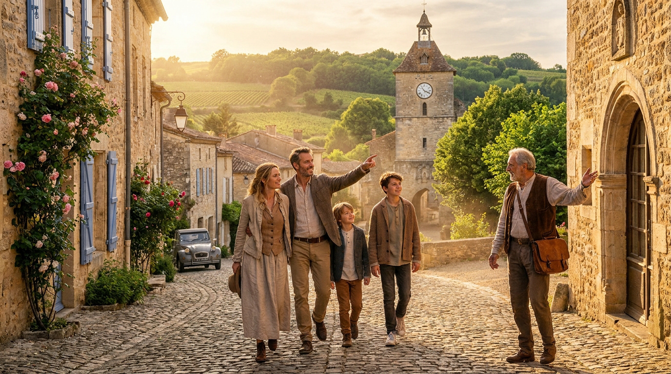A multi-generational family exploring a quaint, sunlit French village with a local guide.