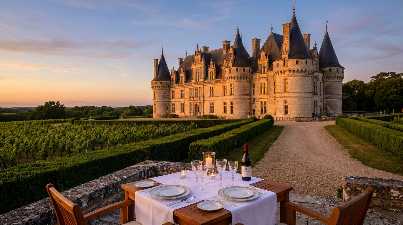 A set dining table on a terrace overlooking a French château and vineyard at sunset.