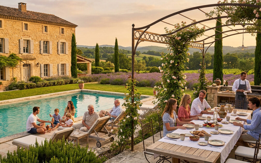 A family enjoying an outdoor dinner and poolside relaxation at a rustic French villa surrounded by lavender fields at sunset.