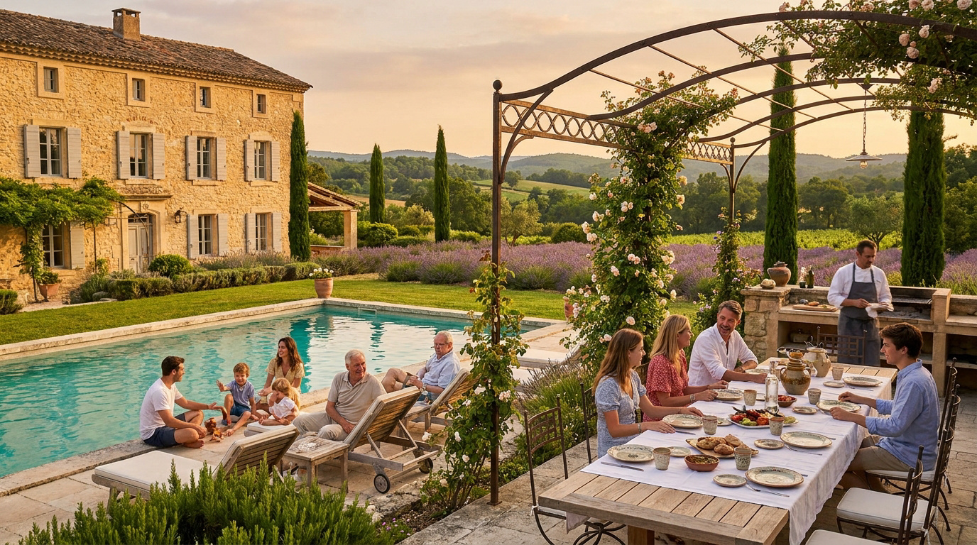 Luxury Family Vacation at a French Villa A family enjoying an outdoor dinner and poolside relaxation at a rustic French villa surrounded by lavender fields at sunset.