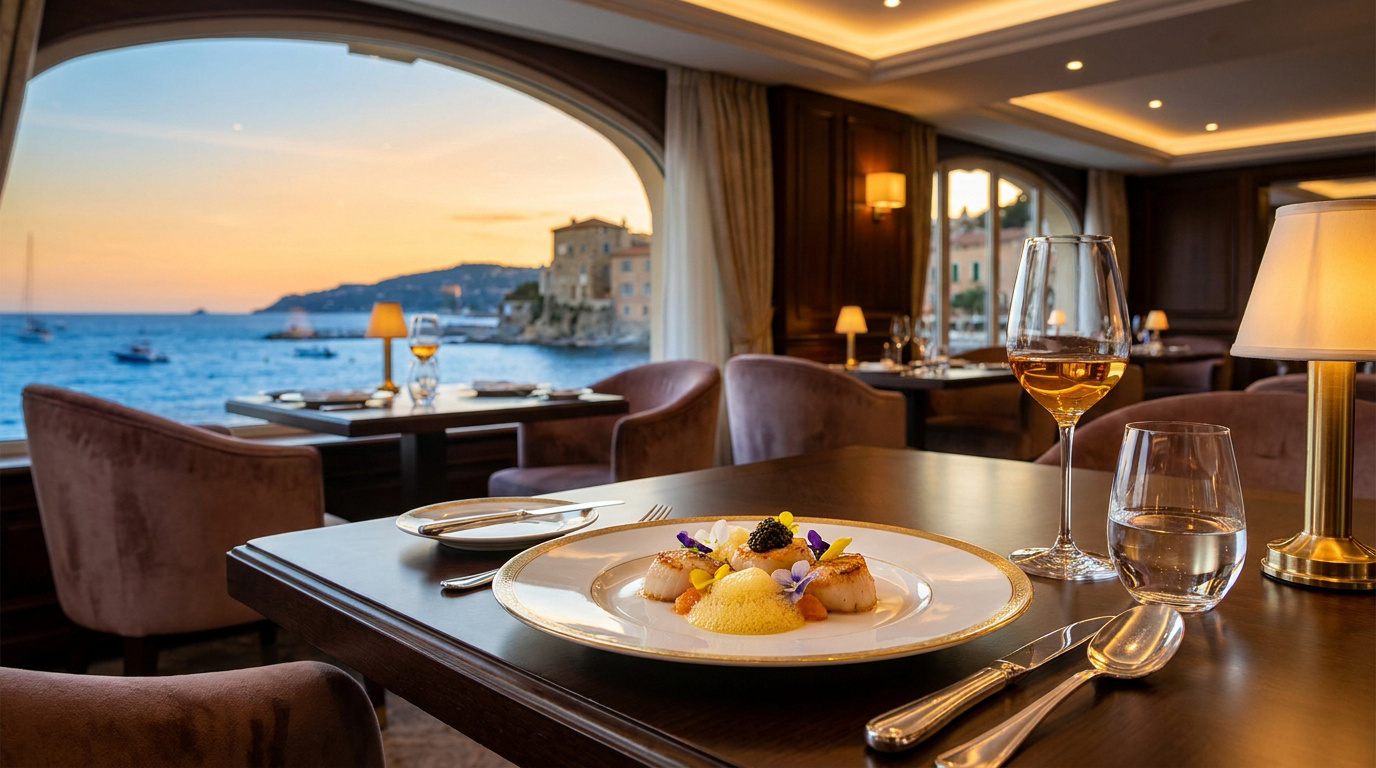 Fine Dining with a View on the French Riviera A plate of gourmet seared scallops served on a table overlooking a sunset coastal view on the French Riviera.