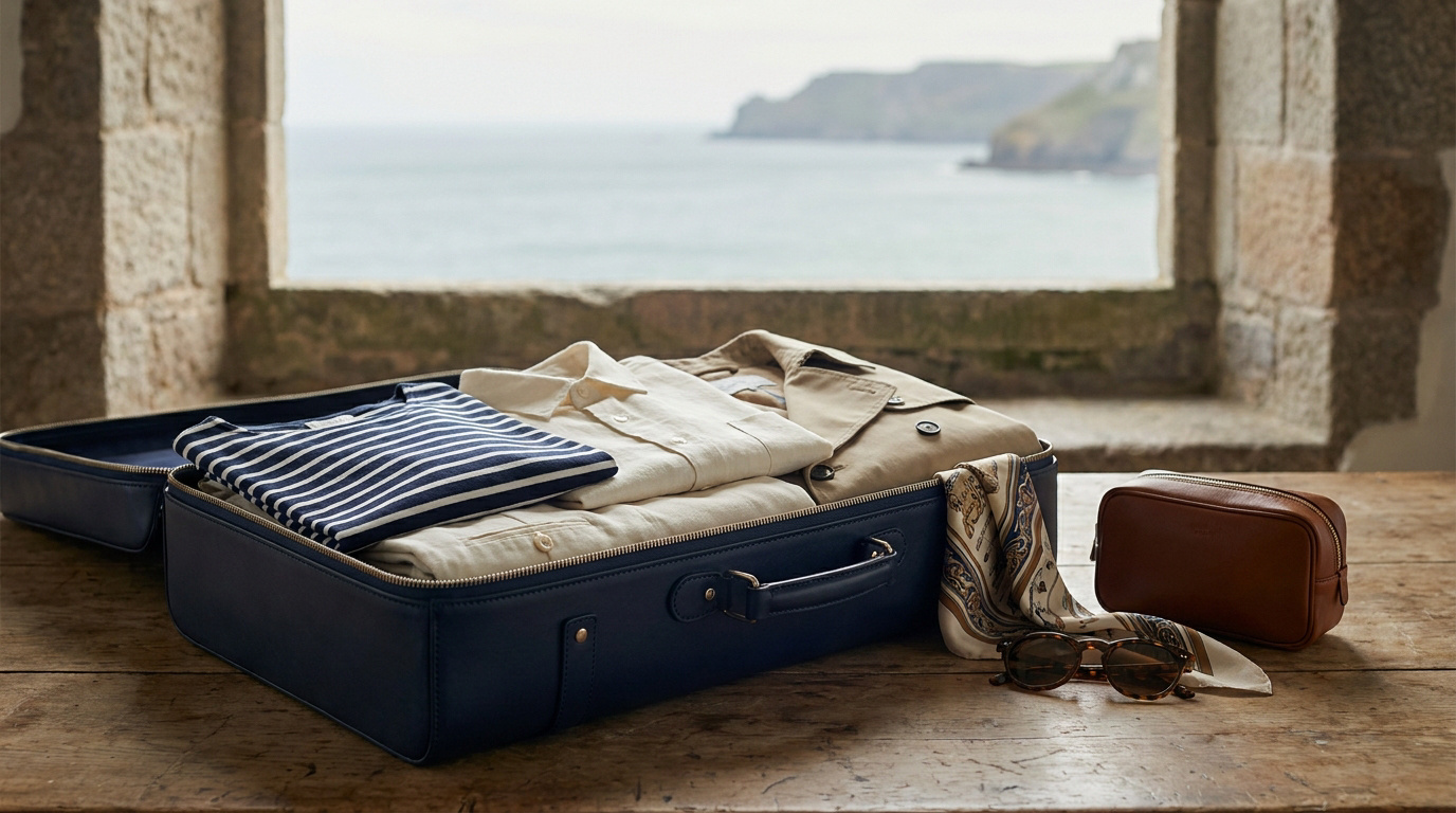 Luxury Travel Essentials for Normandy and Brittany A navy leather suitcase packed with folded clothes, a silk scarf, and toiletries on a table overlooking the ocean.