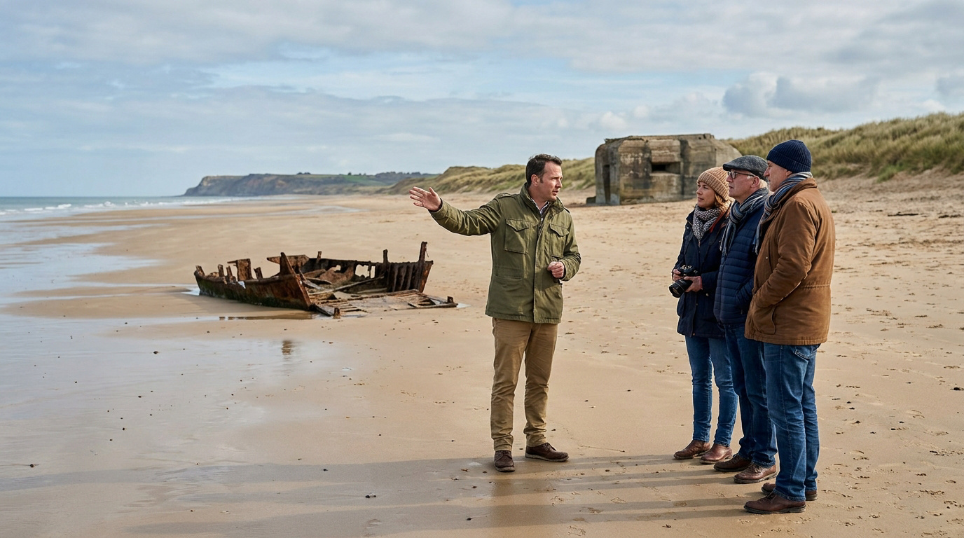 Private Guide Explaining History on Normandy Beach A tour guide points toward a WWII bunker on a beach in Normandy as a group of three tourists listens intently.