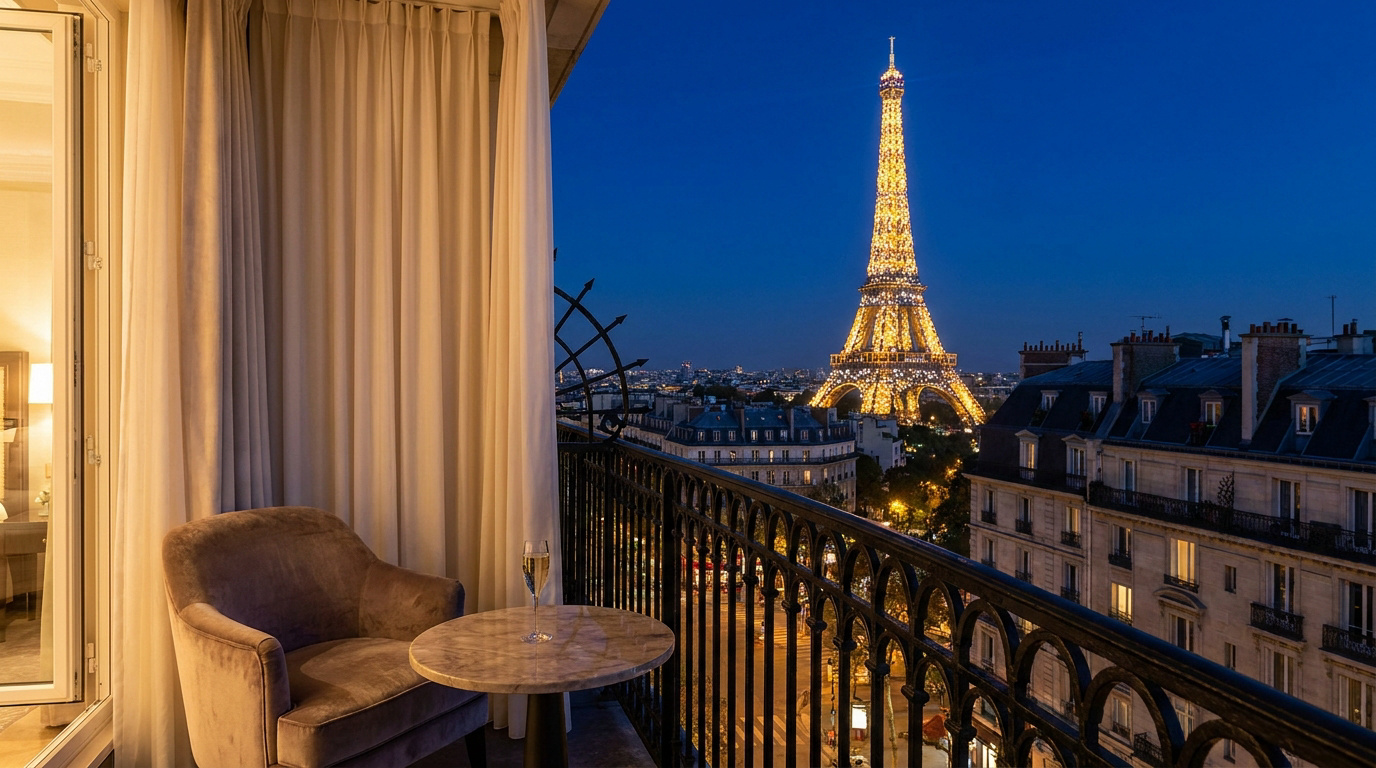 Luxury Paris Hotel Room with Eiffel Tower View A balcony with a comfortable chair and a glass of champagne overlooking the illuminated Eiffel Tower at night.
