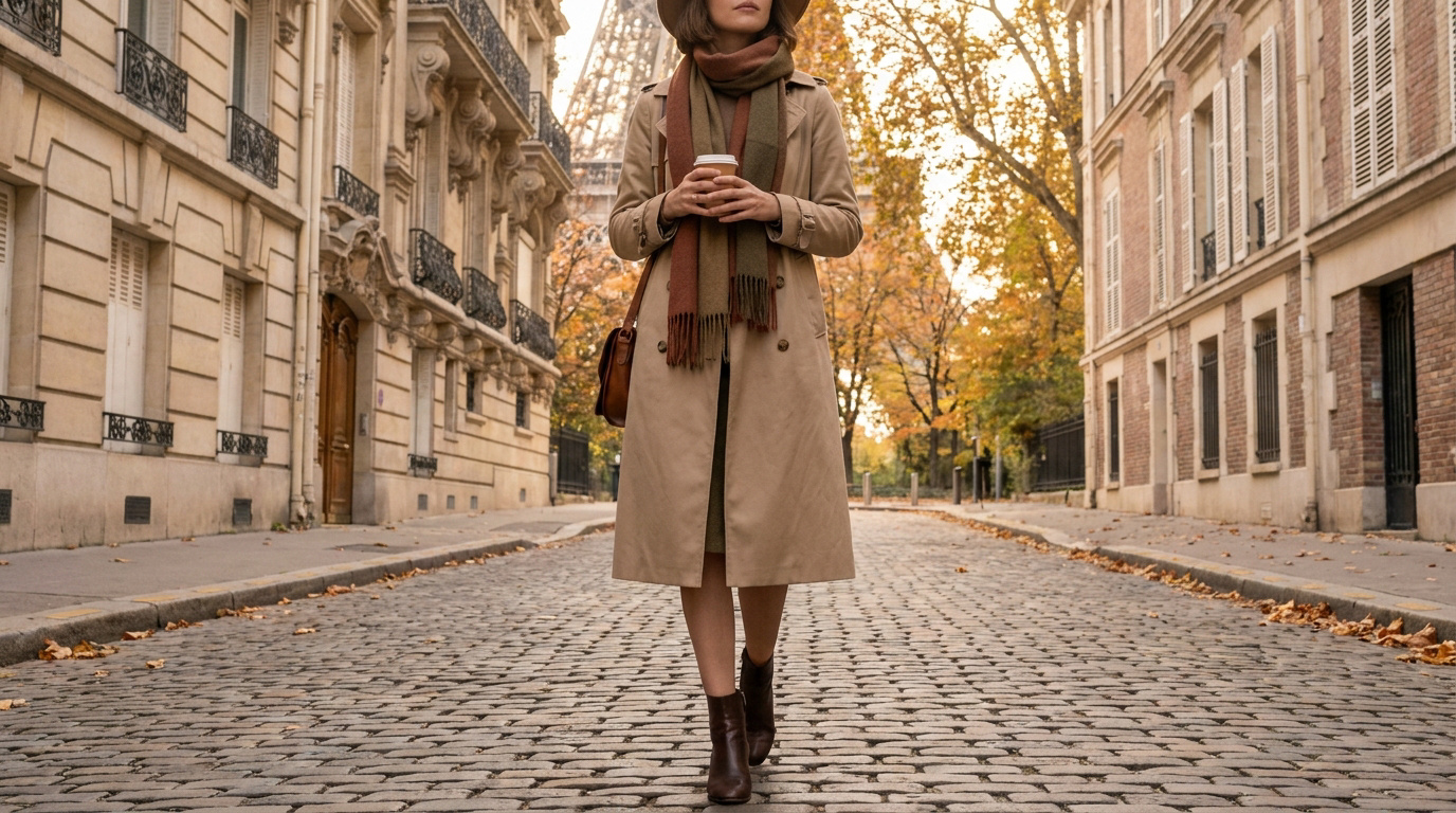 What to Wear in Paris: October Outfit Inspiration A woman wearing a trench coat and scarf walks down a cobblestone street in Paris with the Eiffel Tower in the background.