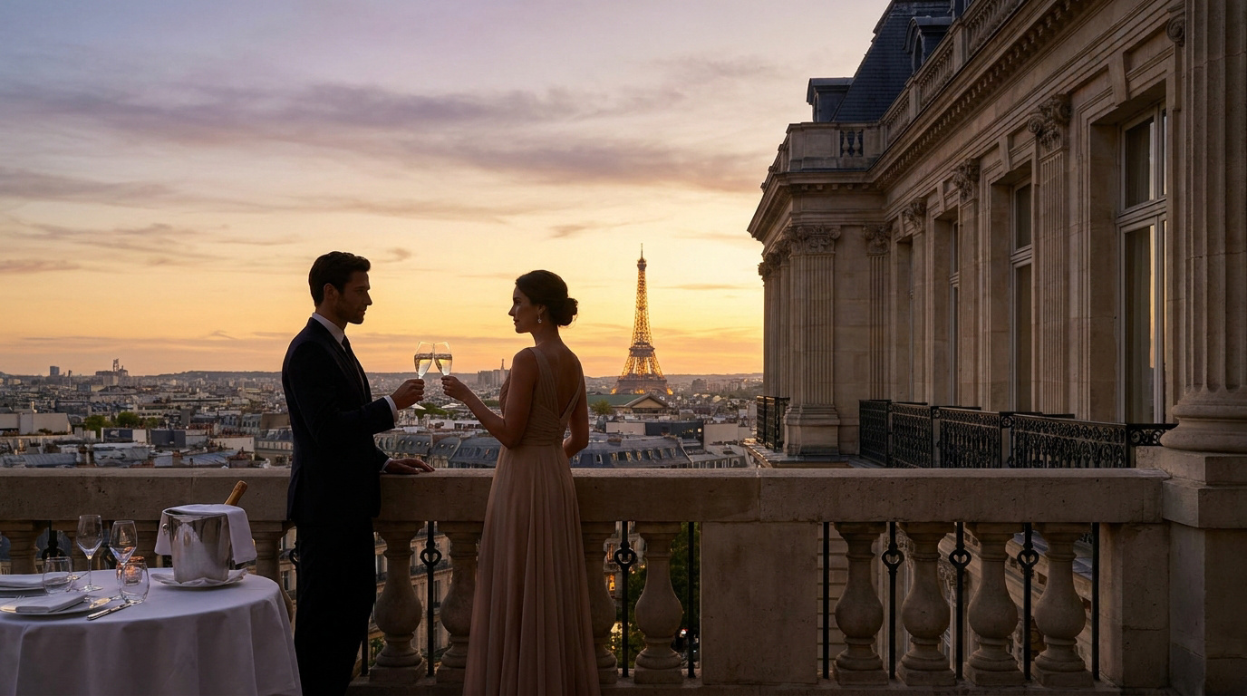 Romantic Sunset Honeymoon in Paris A couple in formal wear toasting with champagne on a Parisian terrace at sunset with the Eiffel Tower in the background.