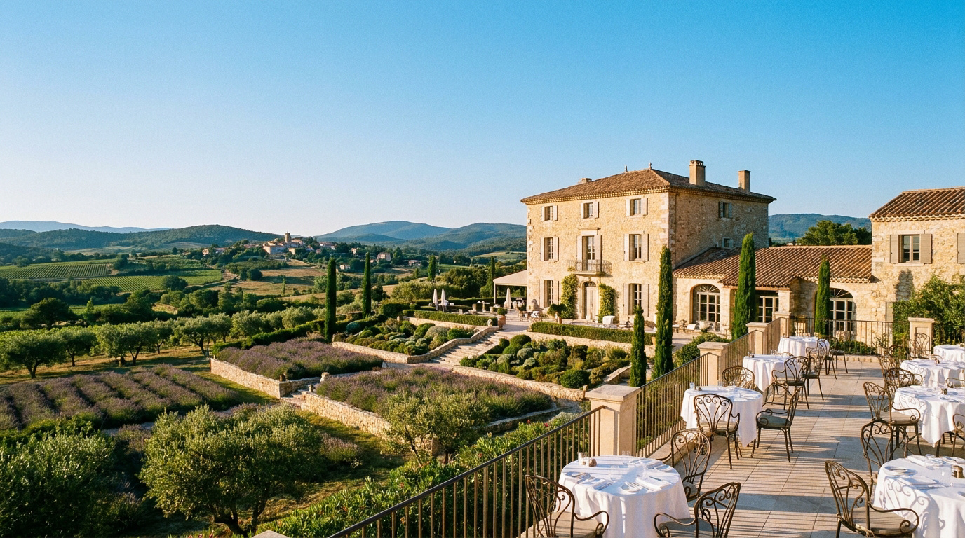 Luxury Chateau Hotel in Provence Elegant outdoor dining terrace overlooking lavender fields, olive trees, and the rolling hills of the French countryside.