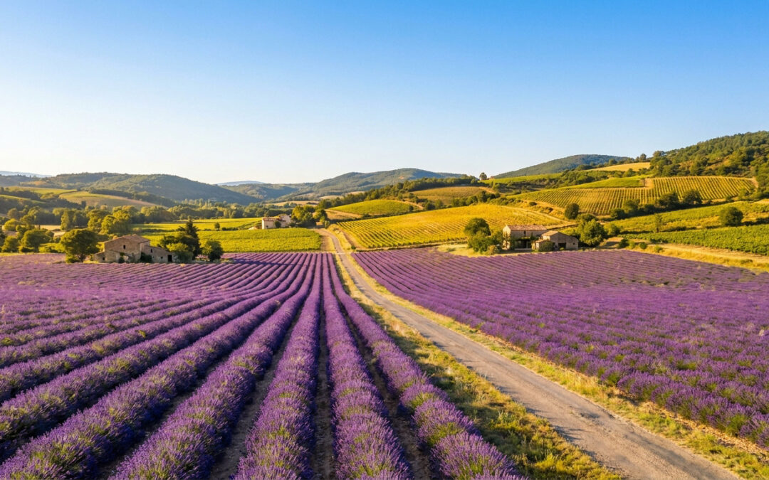 Aerial view of vibrant purple lavender fields in Provence, France, divided by a dirt path under a clear blue sky.