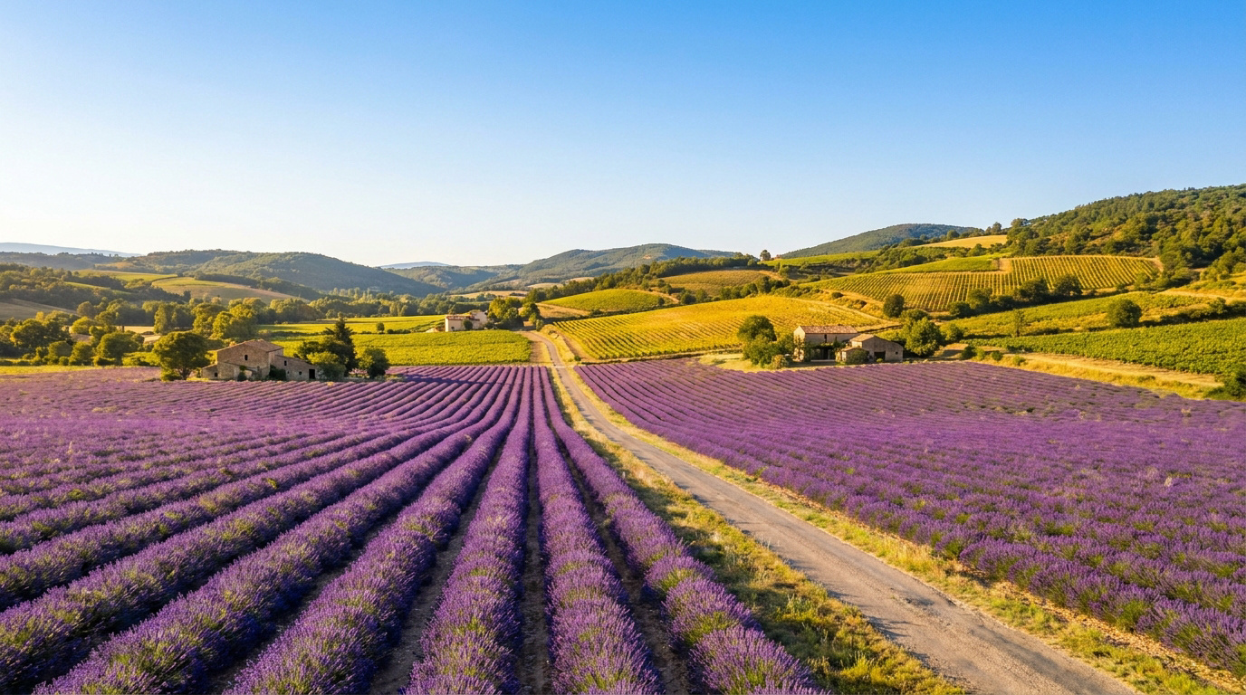 Lavender Fields in Provence at Peak Bloom Aerial view of vibrant purple lavender fields in Provence, France, divided by a dirt path under a clear blue sky.