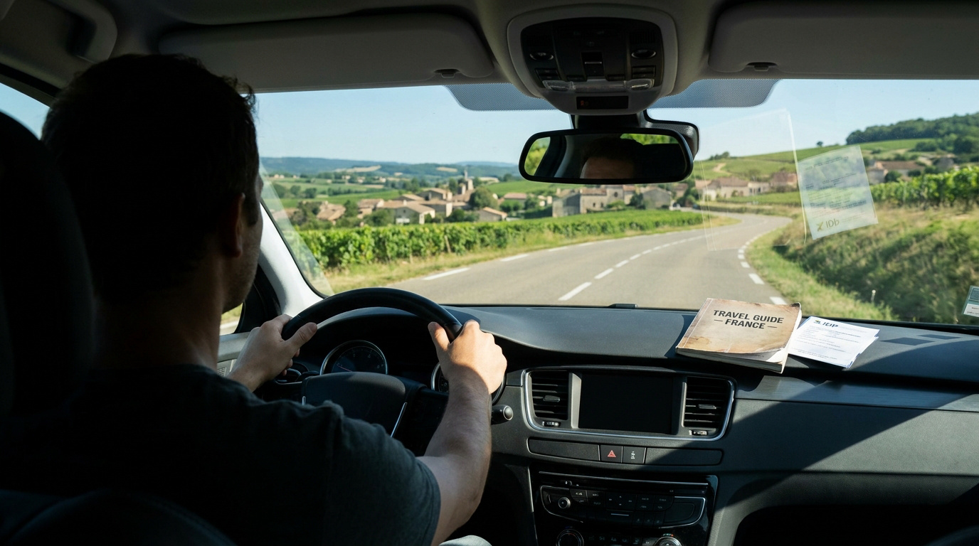Driving Through the French Countryside A man driving a car with a French travel guide on the dashboard, overlooking a village in the French countryside.