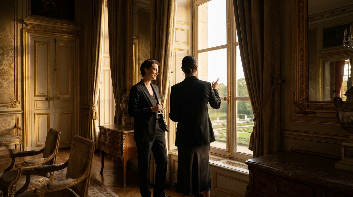 Experience Luxury France with Customized Tours Two professional women in black formal wear looking out a large window of an opulent, gilded French room.