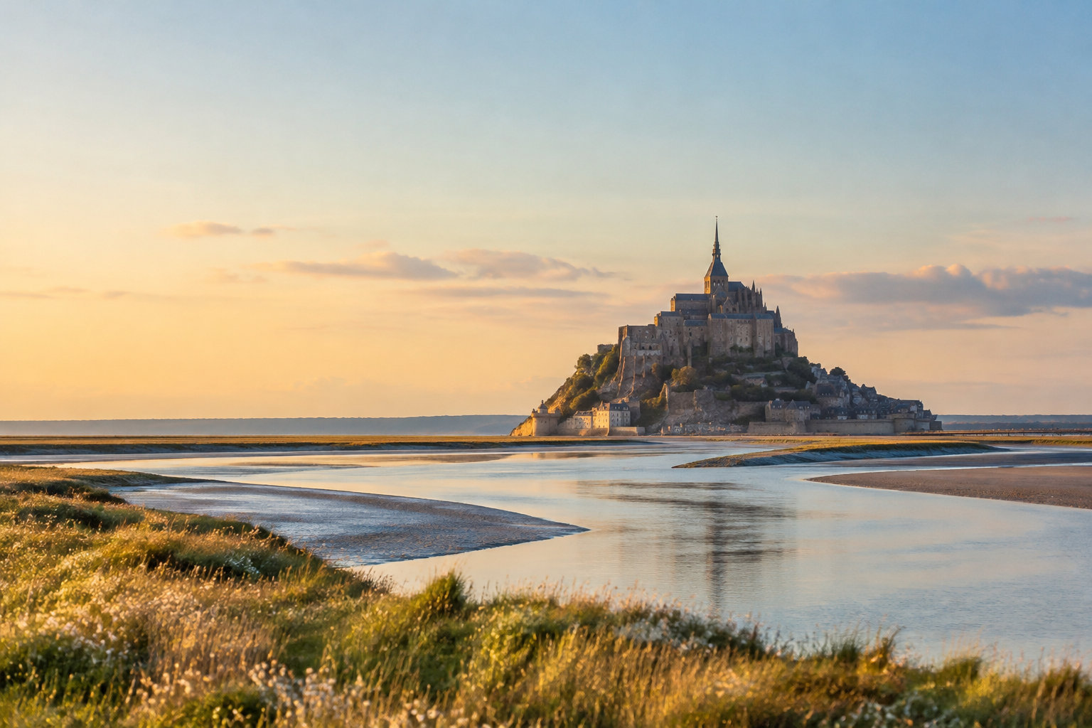 Sunset View of Mont Saint-Michel, Normandy The medieval abbey of Mont Saint-Michel surrounded by golden sunset light and tidal flats.