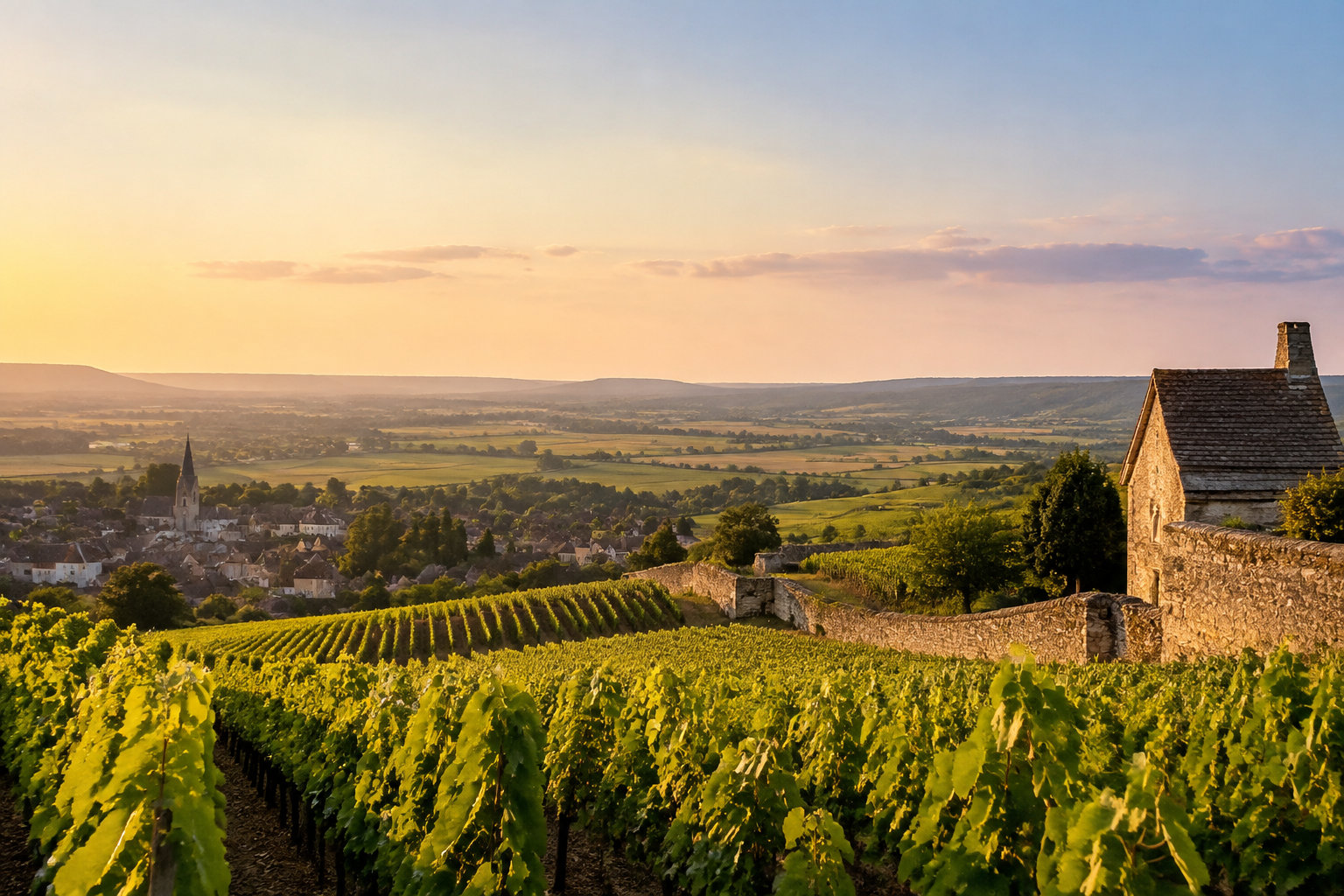 Sunset Over Burgundy Vineyards A lush, sunlit vineyard slopes down toward a historic village with a church spire under a golden evening sky.