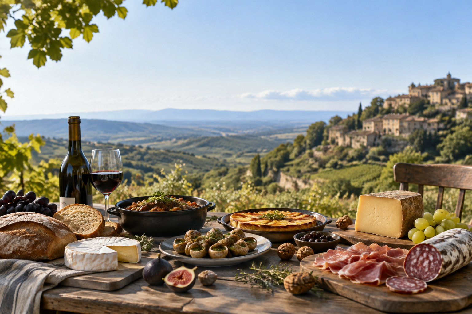A Traditional French Feast with a Provençal View A wooden table laden with French food, including wine, bread, cheese, escargot, and charcuterie, overlooking a sunny landscape.