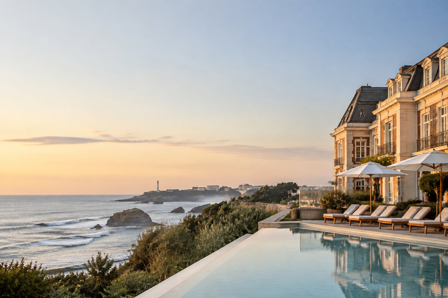 Luxury Hotel Infinity Pool in Biarritz An infinity pool overlooking the Atlantic Ocean and a distant lighthouse at sunset in Biarritz, France.