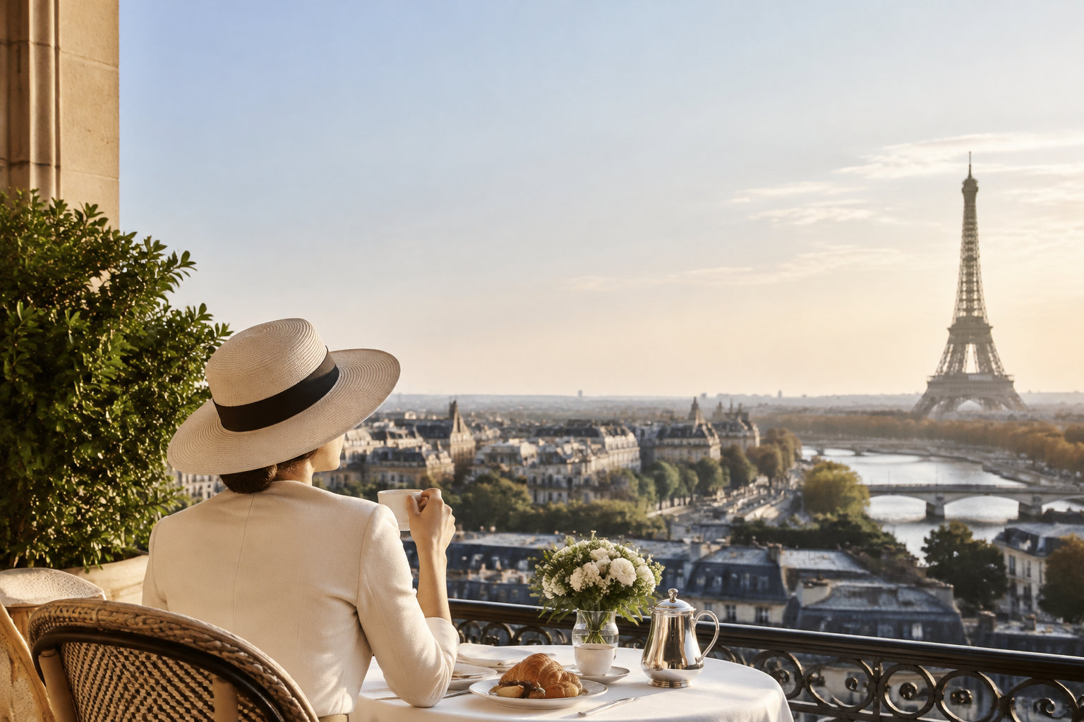 Luxury Parisian Morning Etiquette A woman in a sun hat enjoys coffee and breakfast on a balcony overlooking the Paris skyline and Eiffel Tower at sunrise.