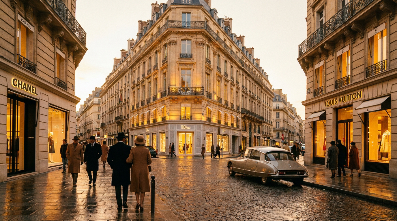 Luxury Shopping Streets in Paris People walking past luxury Chanel, Dior, and Louis Vuitton boutiques on a cobbled Parisian street at sunset.