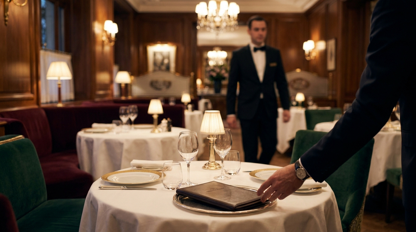 Tipping Etiquette in French Fine Dining A waiter in a tuxedo prepares a table at an elegant, upscale restaurant with wood-paneled walls.