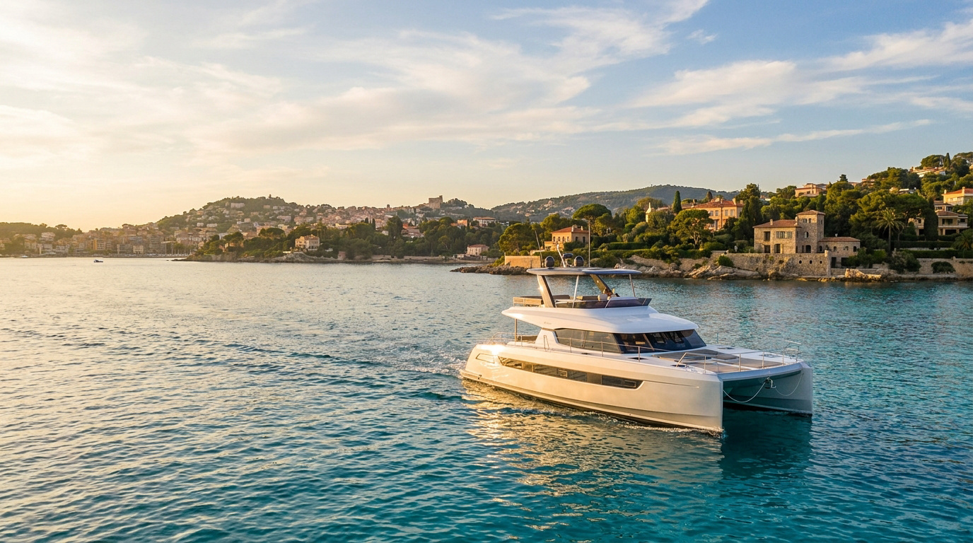 Luxury Private Yacht Charter on the French Riviera A sleek white catamaran yacht cruising on calm turquoise waters near a scenic Mediterranean coastline at sunset.