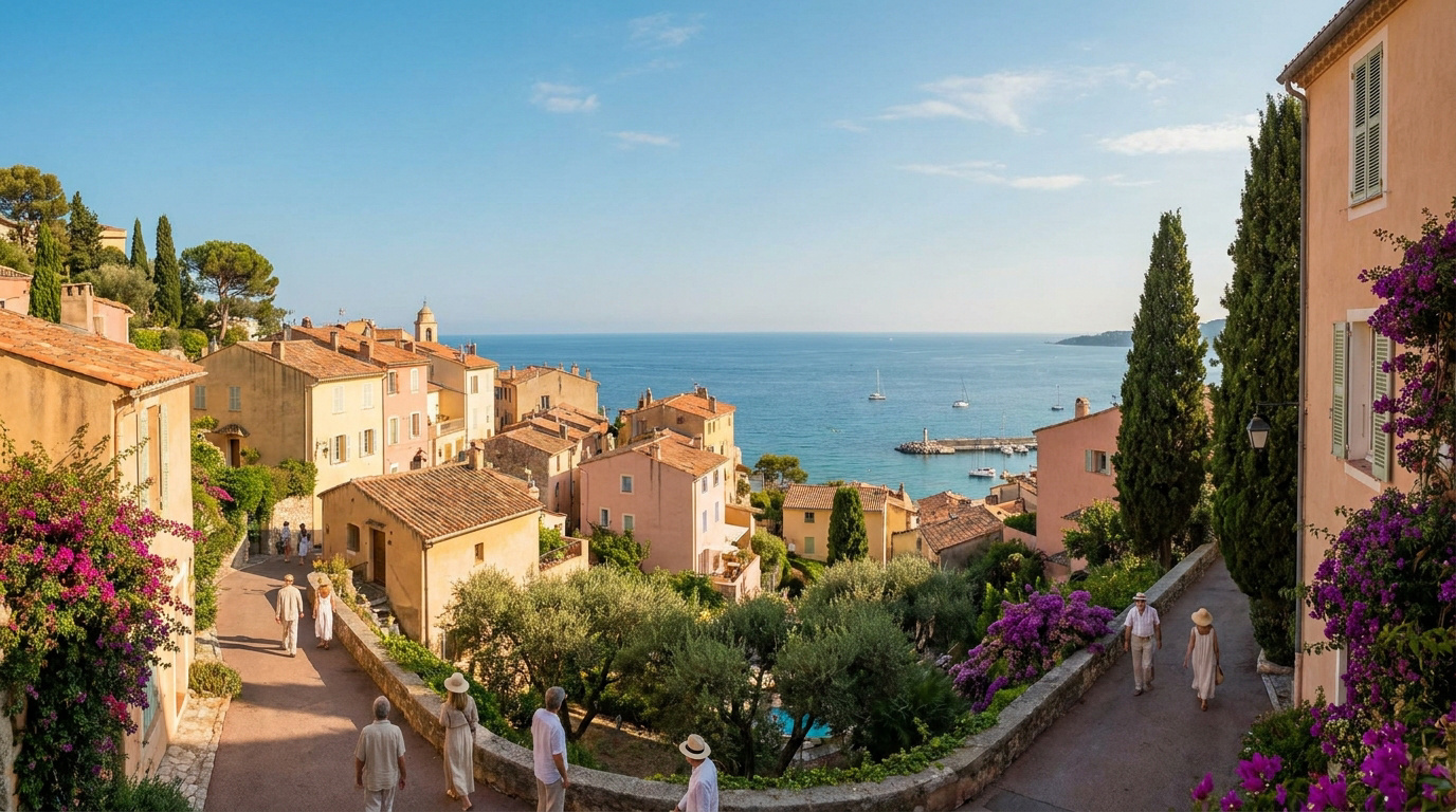 A picturesque village on the French Riviera with pastel buildings, blooming flowers, and a view of the Mediterranean sea.