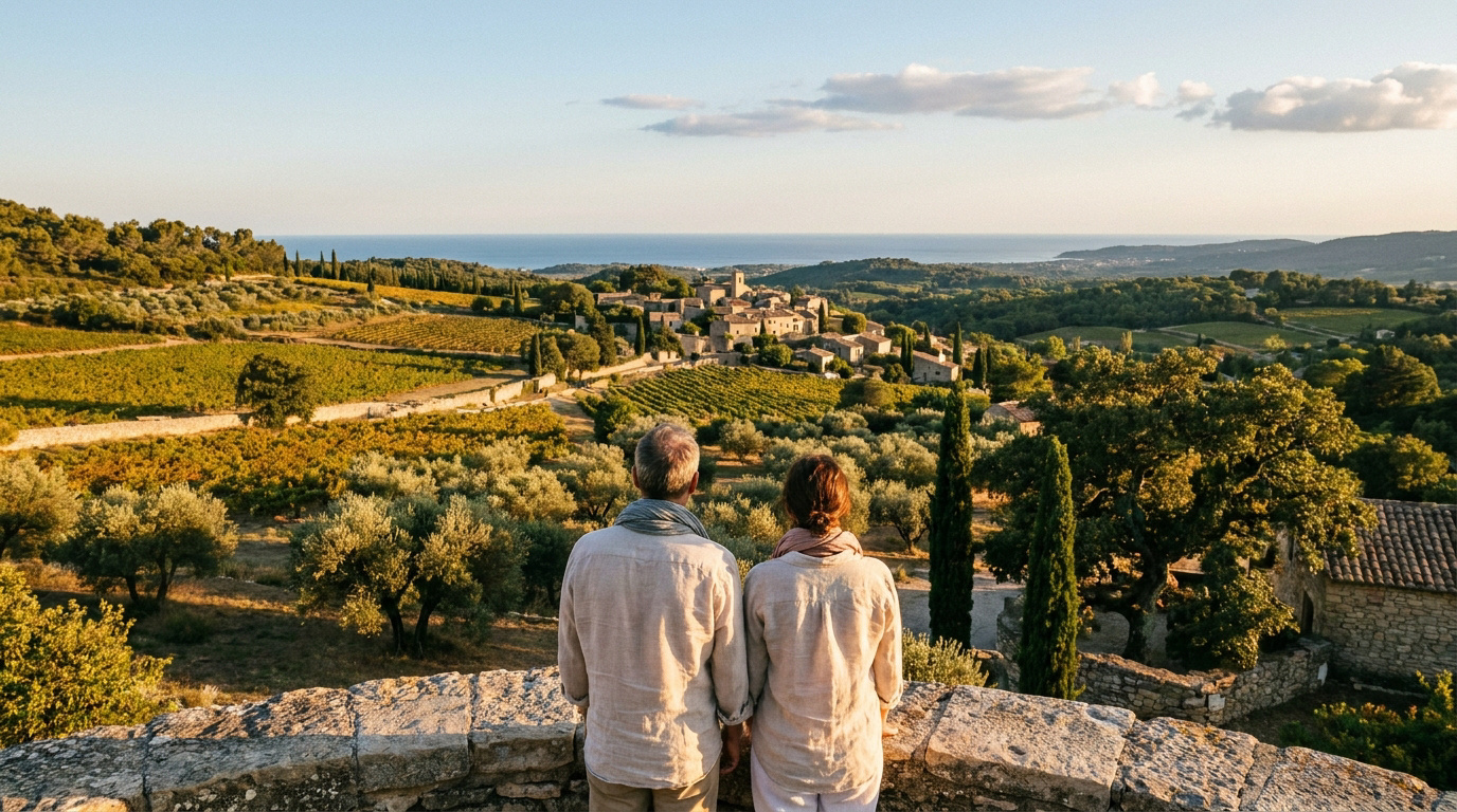 September Sunset Over the Provence Countryside A couple looking out over a sun-drenched valley of vineyards and olive groves in Provence, France.