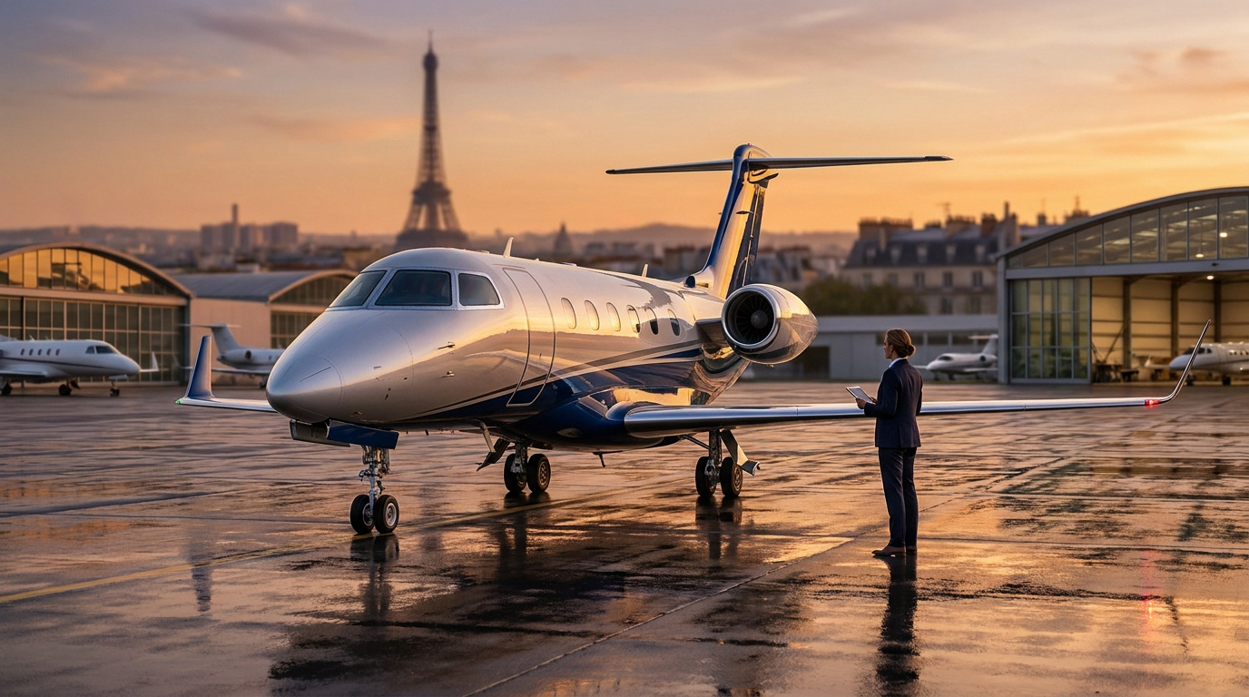 Private jet parked on a tarmac in Paris at sunset with the Eiffel Tower in the background and a person holding a tablet.