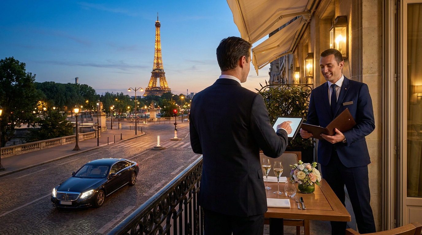 Luxury VIP Concierge Services in Paris A concierge and a guest consulting a tablet on a Paris hotel balcony with a view of the Eiffel Tower and a luxury car.