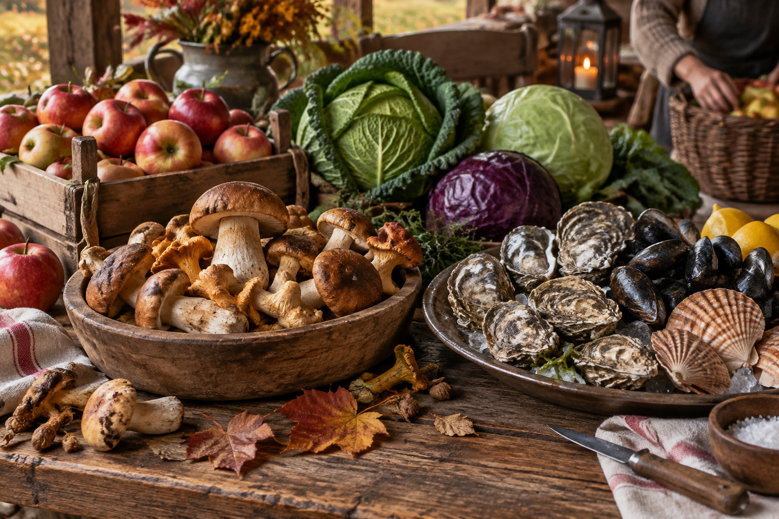 A rustic wooden table displays apples, cabbages, mushrooms, shellfish, lemons, salt, and autumn leaves, with a person partly visible in the background.
