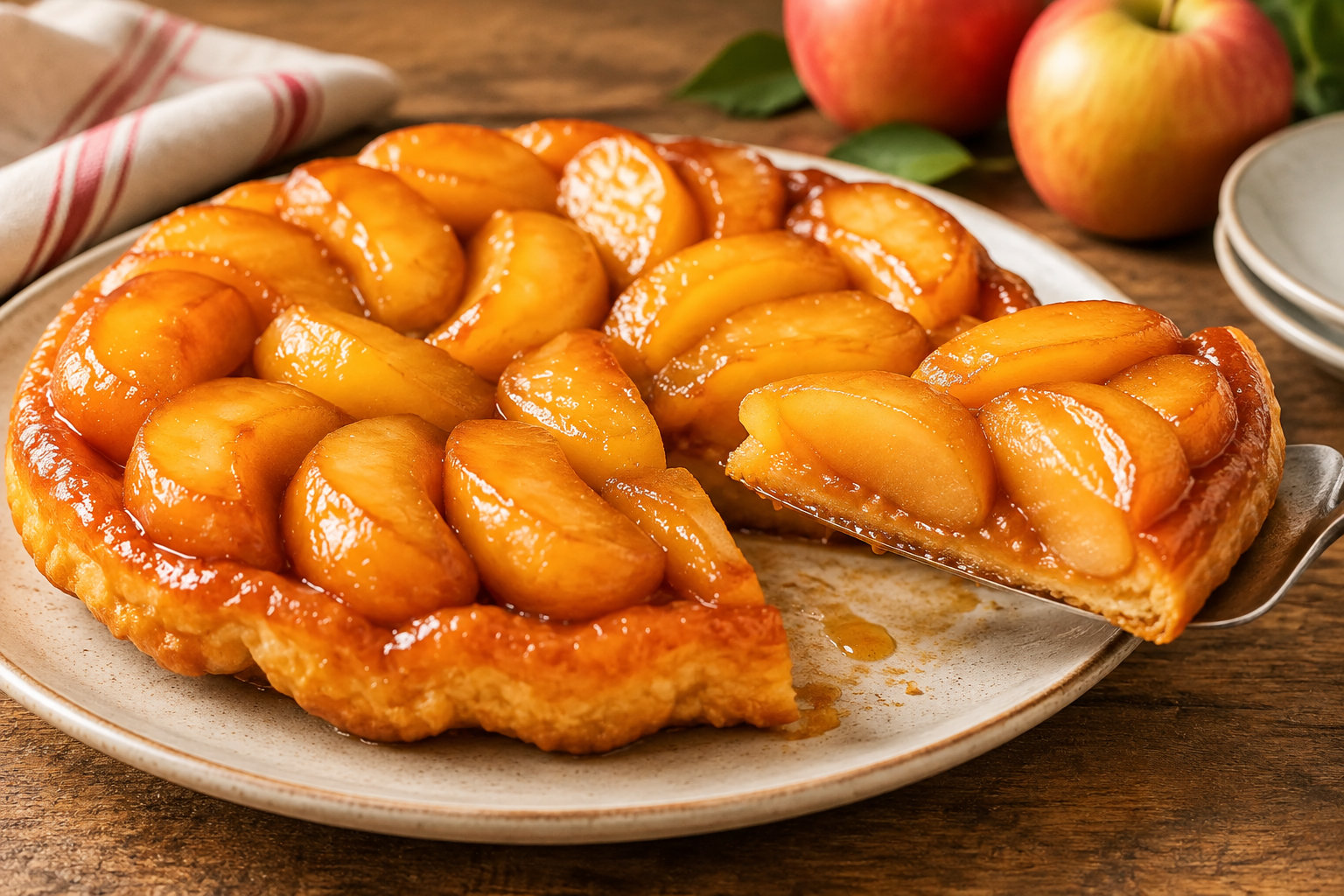 A glossy caramelized apple tart sits on a plate, with a slice lifted on a spatula and fresh apples in the background.