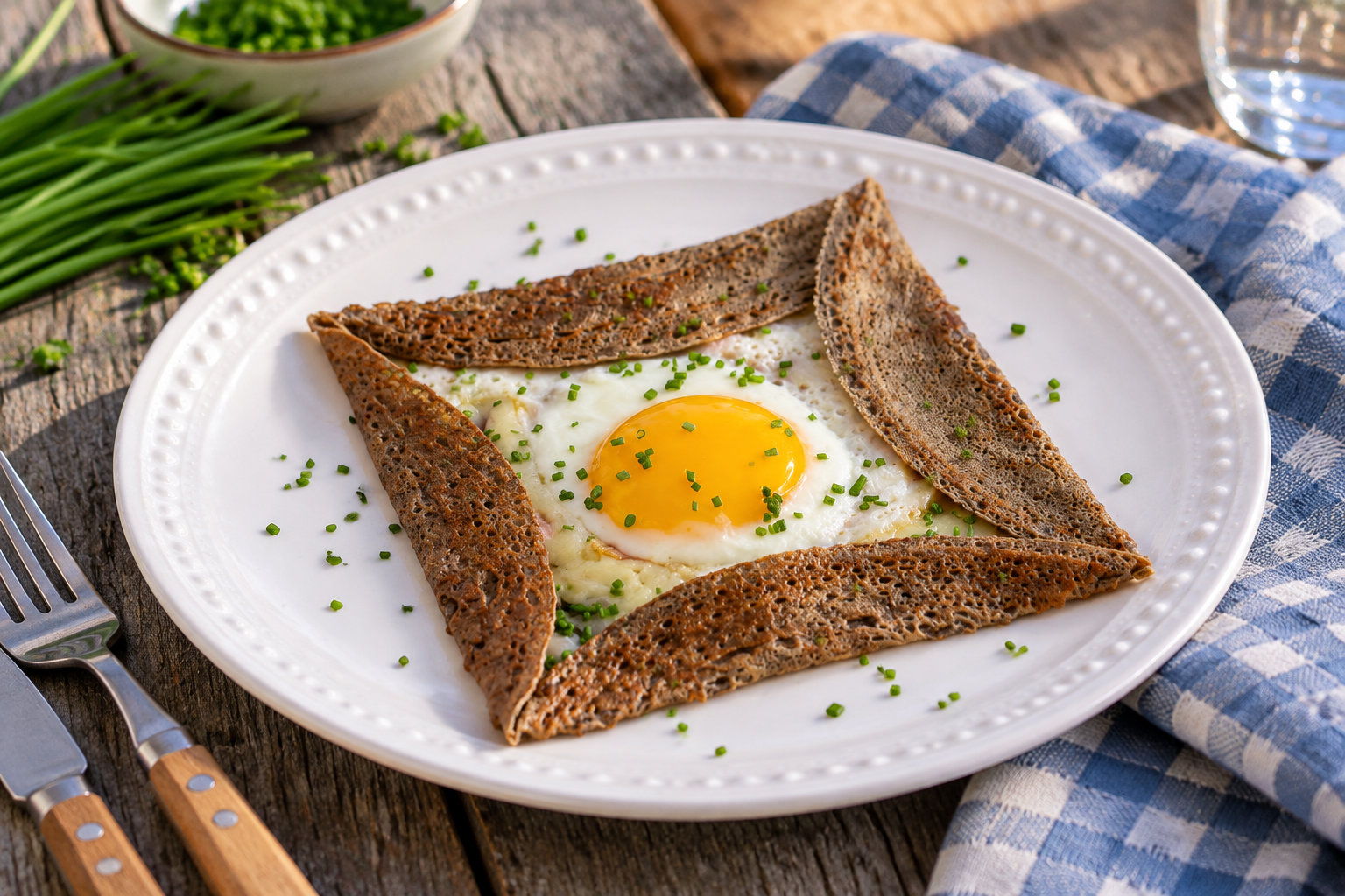 A buckwheat galette folded around a fried egg and sprinkled with chopped chives sits on a white plate on a rustic wooden table.