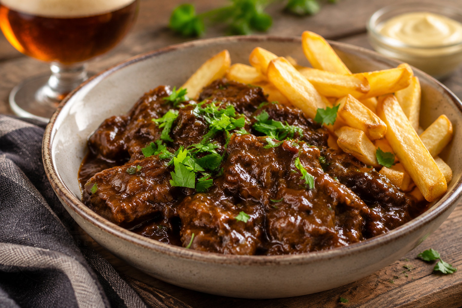 A bowl of saucy meat topped with fresh herbs and served with golden fries sits on a wooden table beside a drink and a small bowl of sauce.
