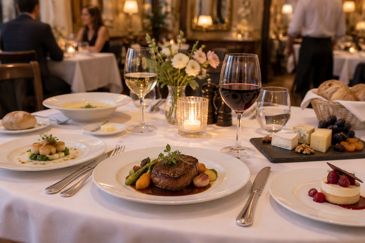 A candlelit restaurant table is set with plated courses, wine and water glasses, bread, cheese, flowers, and a dessert, with diners and a server in the background.