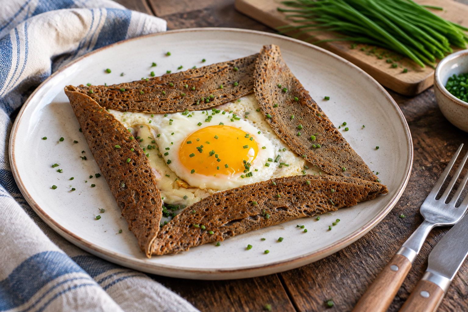 A folded buckwheat crepe topped with a fried egg and chopped chives sits on a plate beside a fork and knife.