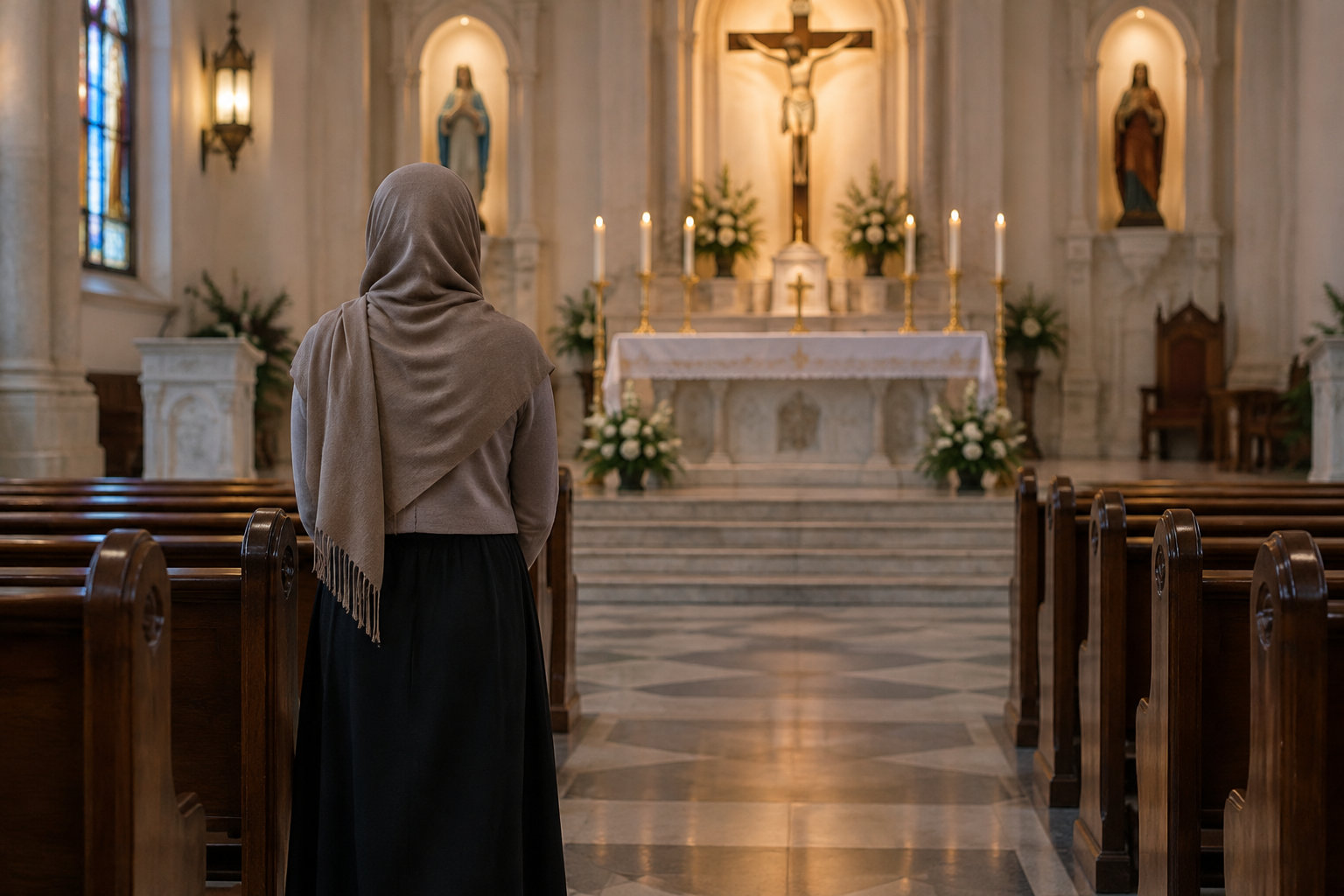 A person wearing a gray head covering and long black skirt stands in a church aisle facing a candlelit altar.