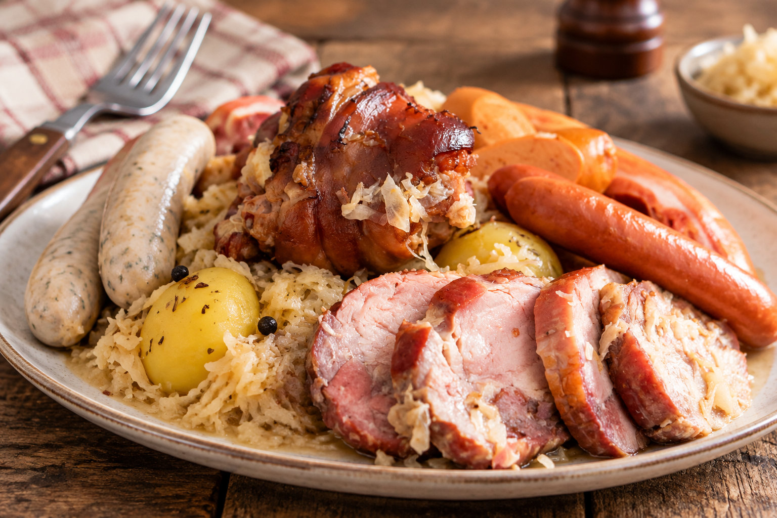 A platter of sliced roasted meat, sausages, potatoes, and sauerkraut sits on a rustic wooden table.