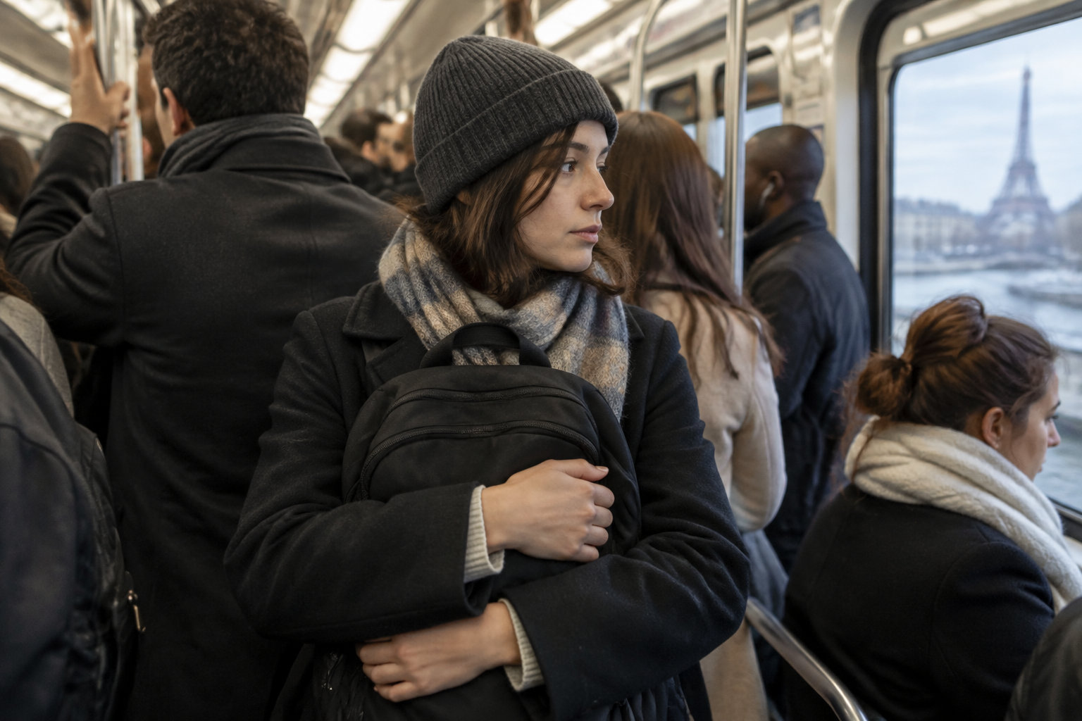 A woman in a knit hat and scarf holds a black backpack on a crowded train, with the Eiffel Tower visible through the window.