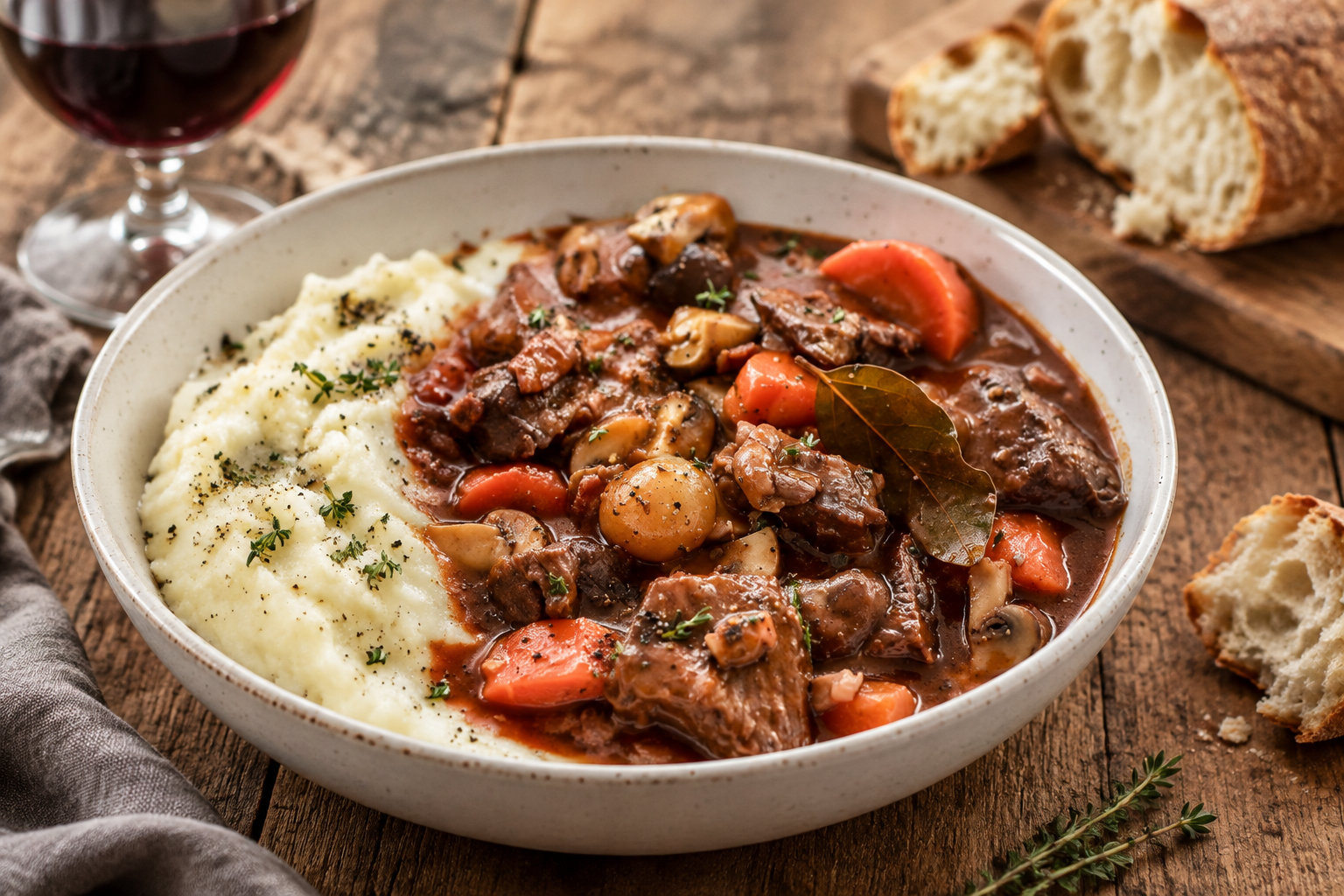 A bowl of beef stew with carrots and mushrooms sits beside mashed potatoes, crusty bread, and a glass of red wine on a wooden table.