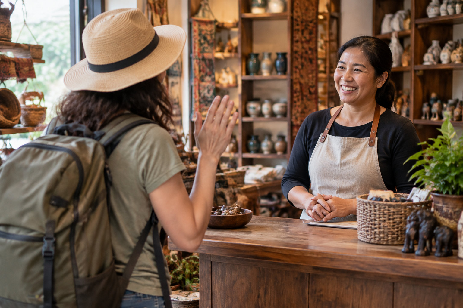 A tourist in a sun hat chats with a smiling shopkeeper across a wooden counter in a shop filled with pottery and crafts.