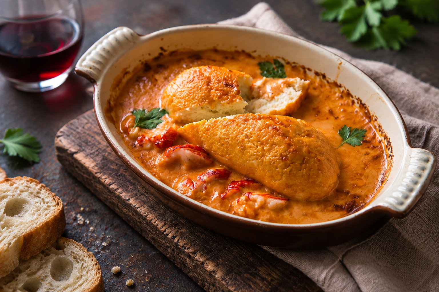 A baked seafood casserole in a creamy orange sauce is garnished with parsley and served with sliced bread and a glass of red wine.
