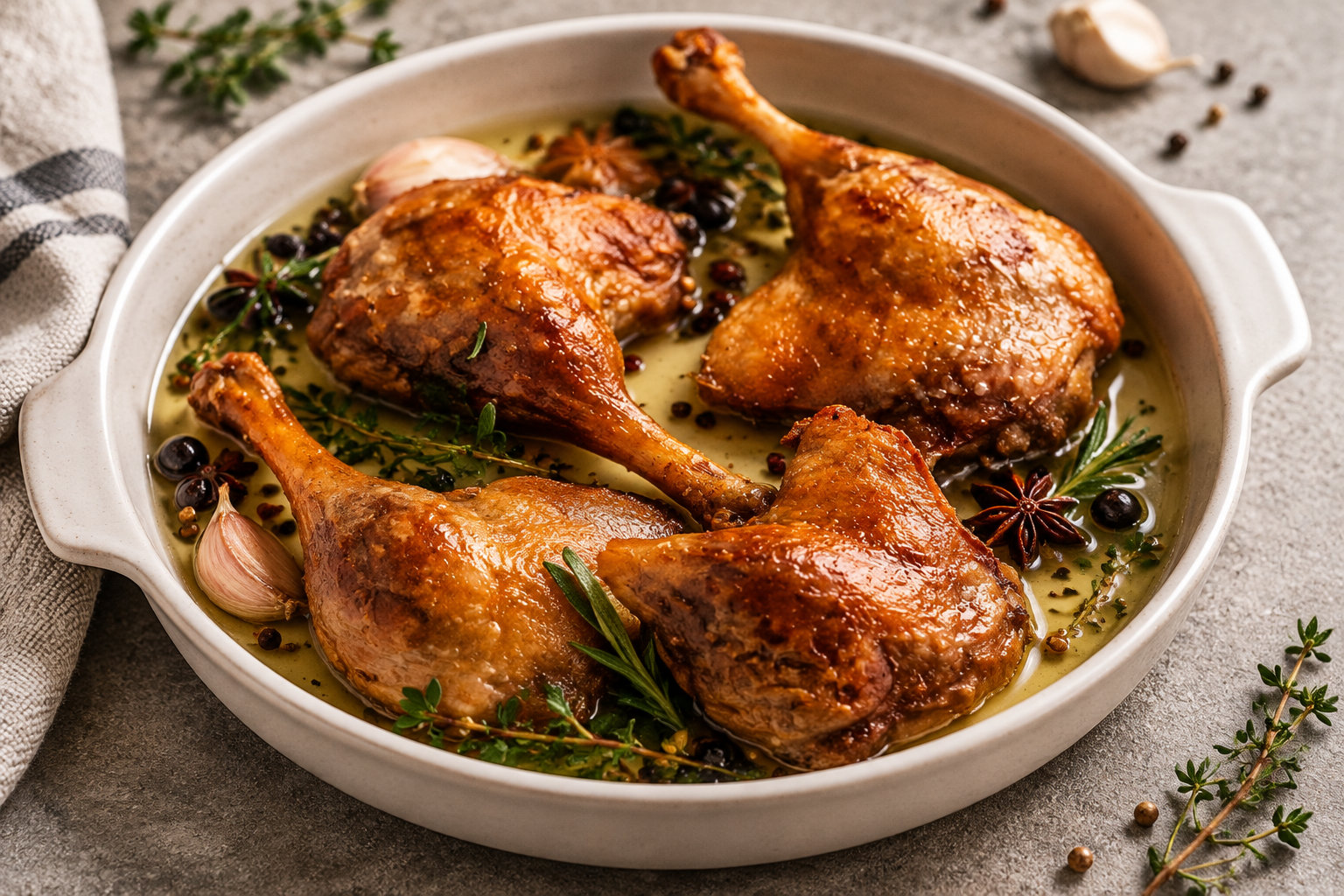 Four browned duck legs sit in a shallow white baking dish with herbs, garlic, and spices in a golden sauce.