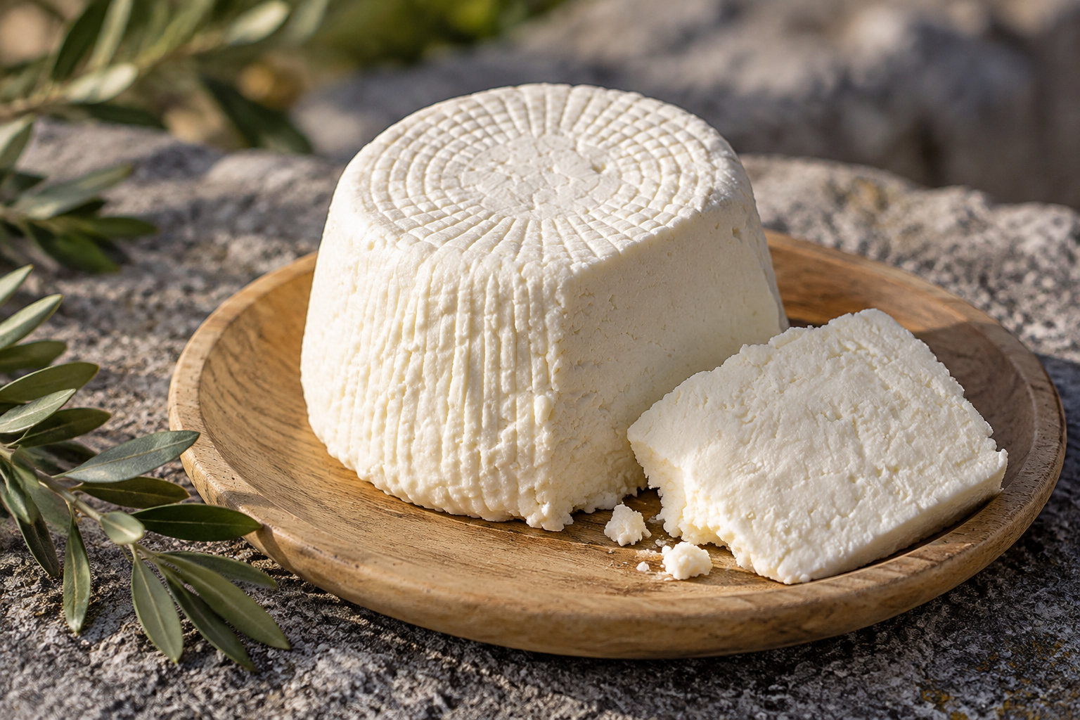 A round wheel of white cheese and a cut slice sit on a wooden platter beside olive branches on a stone surface.
