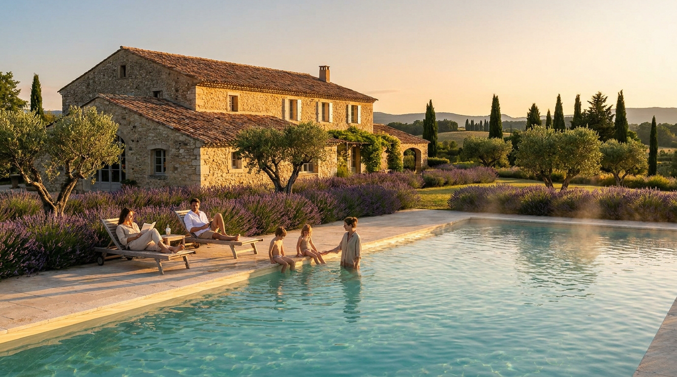 Luxury Provence Villa Family Getaway A family relaxing by a stone villa pool in Provence, surrounded by lavender fields at sunset.