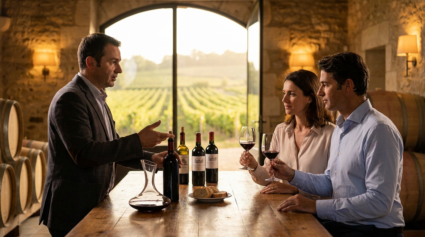 Private Wine Tasting Experience in Saint-Emilion A sommelier presenting red wine bottles to a couple during a tasting in a rustic cellar with vineyard views.
