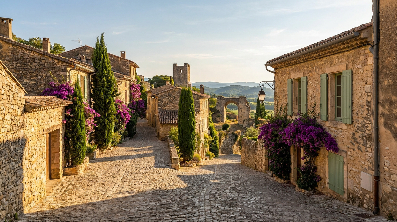 Hidden Gem: A Quiet Cobblestone Street in Provence A narrow, sunlit cobblestone street in a historic French village featuring stone houses, tall cypresses, and bougainvillea.
